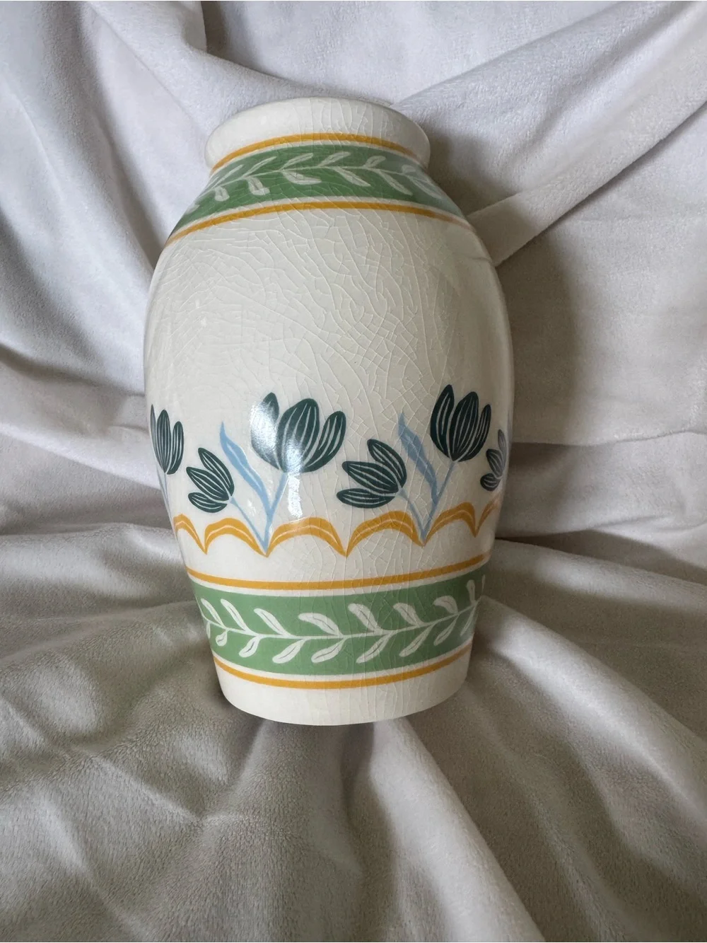 Better Homes And Gardens Cream Ceramic Vase with Green and Blue Floral Bands